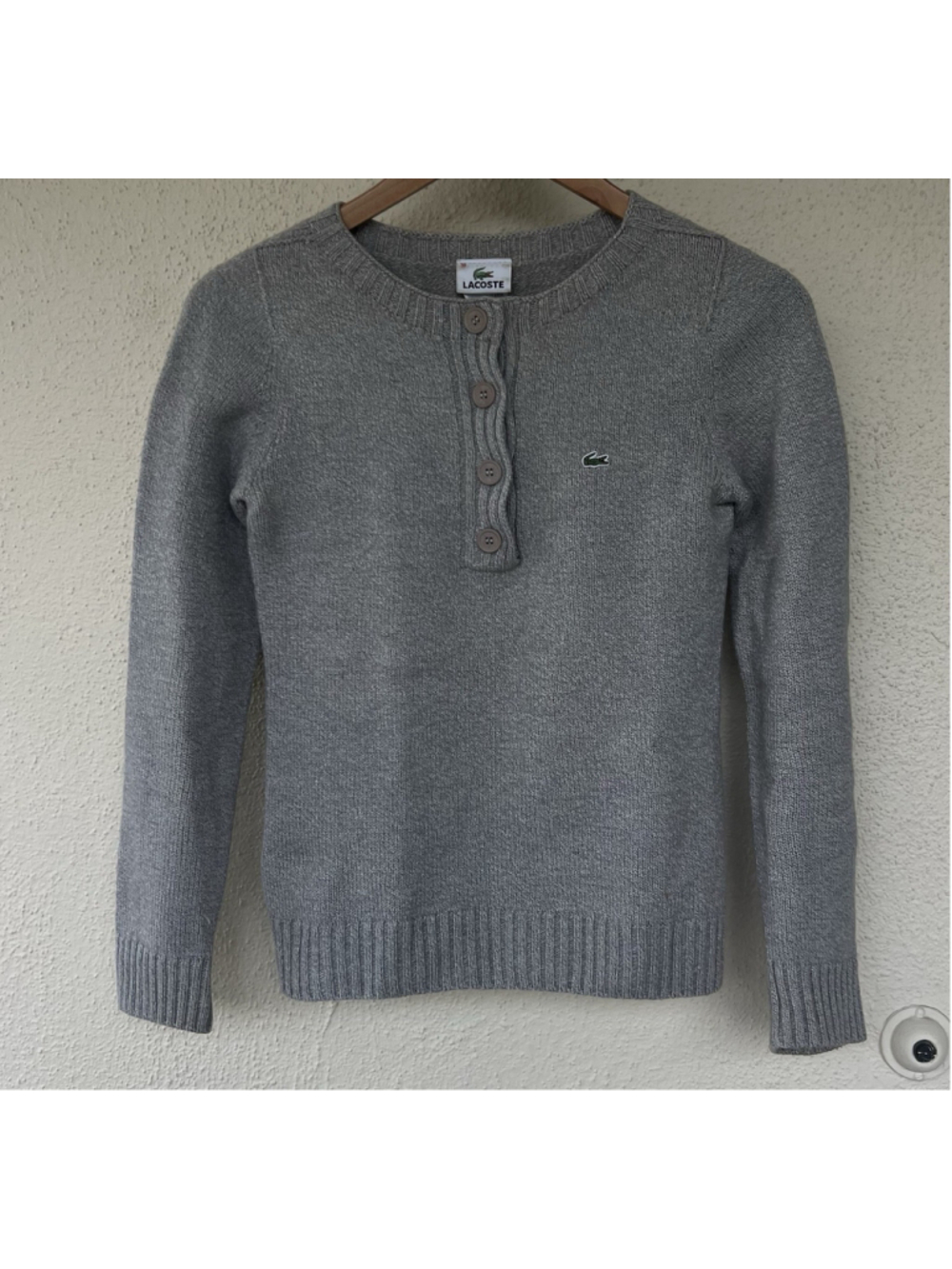 VTG Lacoste Gray Wool Blend Henley Sweater Buttons Women’s Size XS Prep Academia - Picture 2 of 8